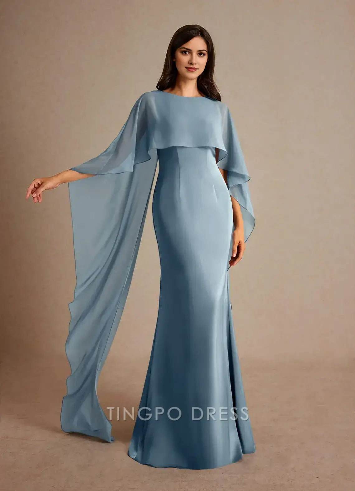 TingPo Wholesale Elegant Round - Neck Satin Maxi Dress with Asymmetric Chiffon Cape Sleeves for Formal Occasions